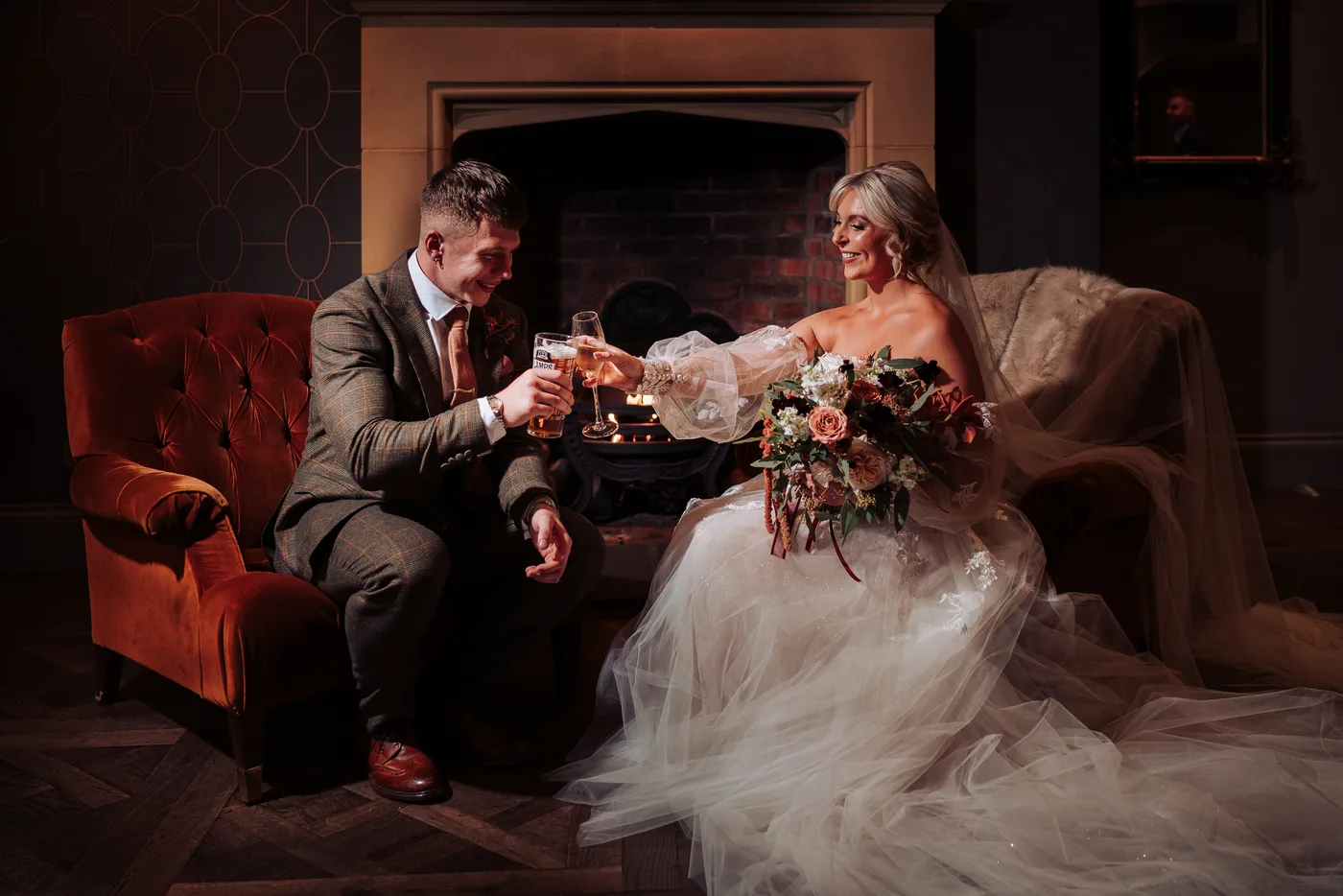 Fireside bride and groom clandeboye lodge
